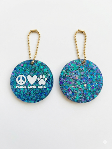 Médailles brillantes avec les inscriptions "Peace", "Love", et des pattes de chien.